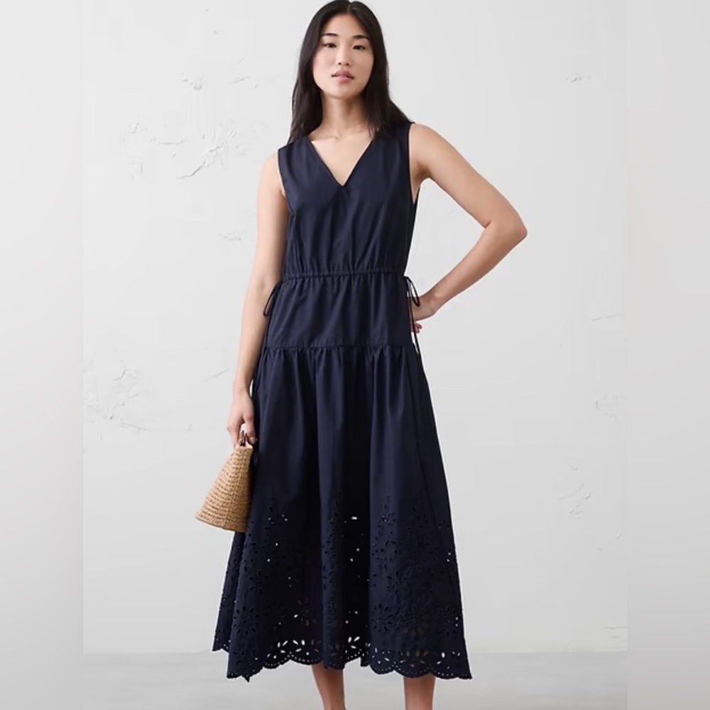 NWT! BANANA REPUBLIC PREPPY NAVY POPLIN EYELET-HEM MIDI DRESS ☎️